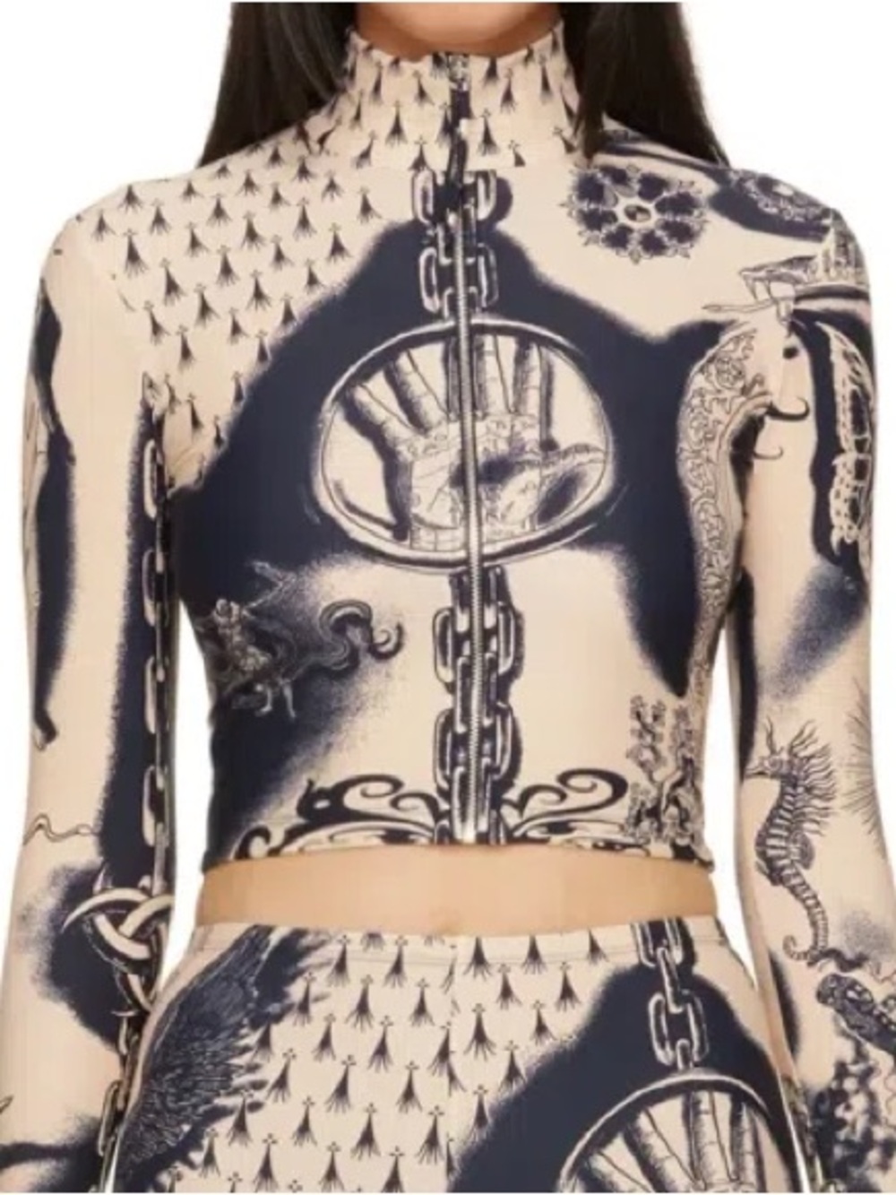 Jean Paul Gaultier Beige and Navy Printed Long Sleeve Crop Top